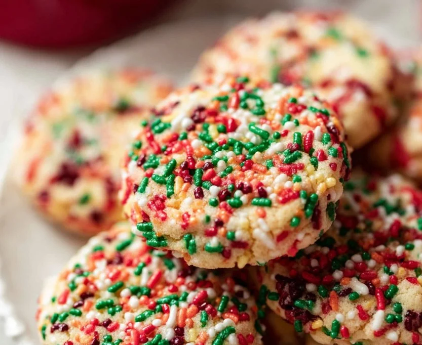 Festive Christmas Sprinkle Pudding Cookies decorated with colorful sprinkles