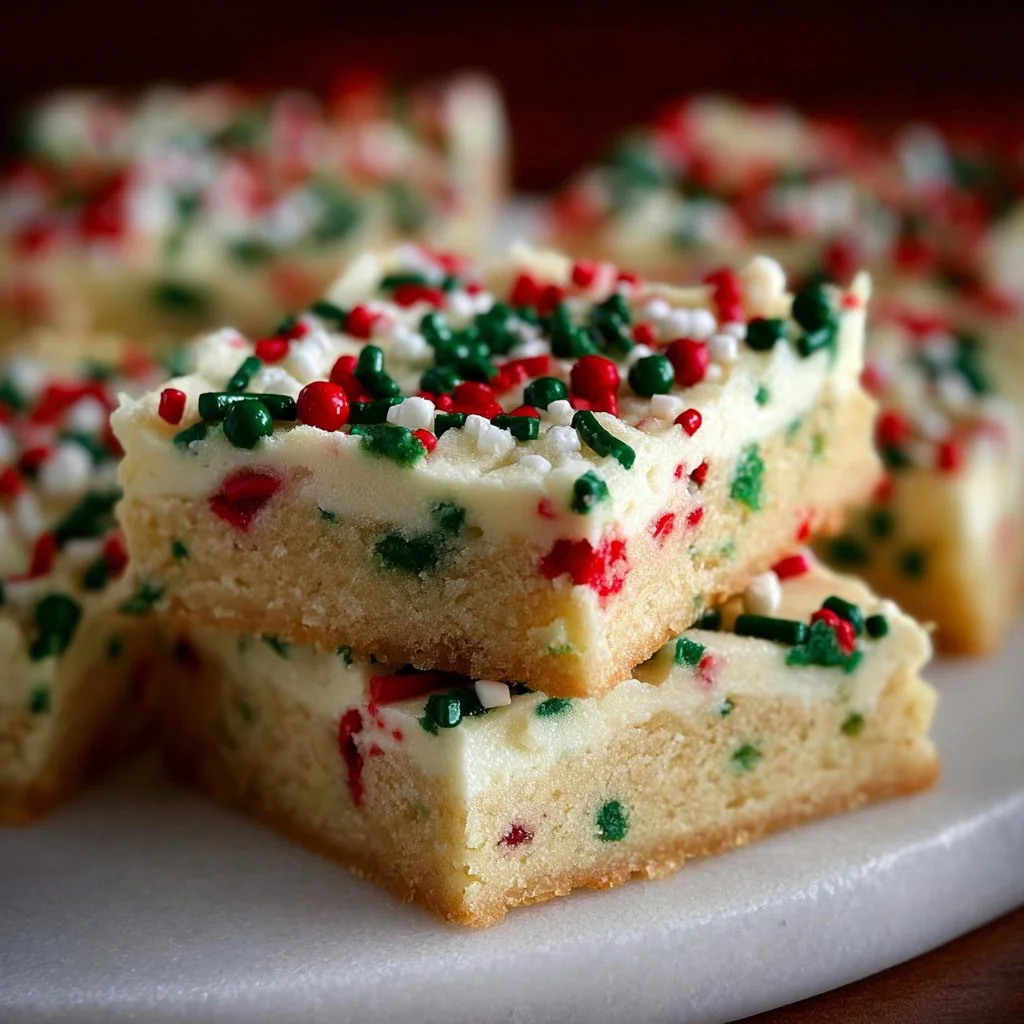 Delicious Christmas sugar cookie bars decorated with festive sprinkles