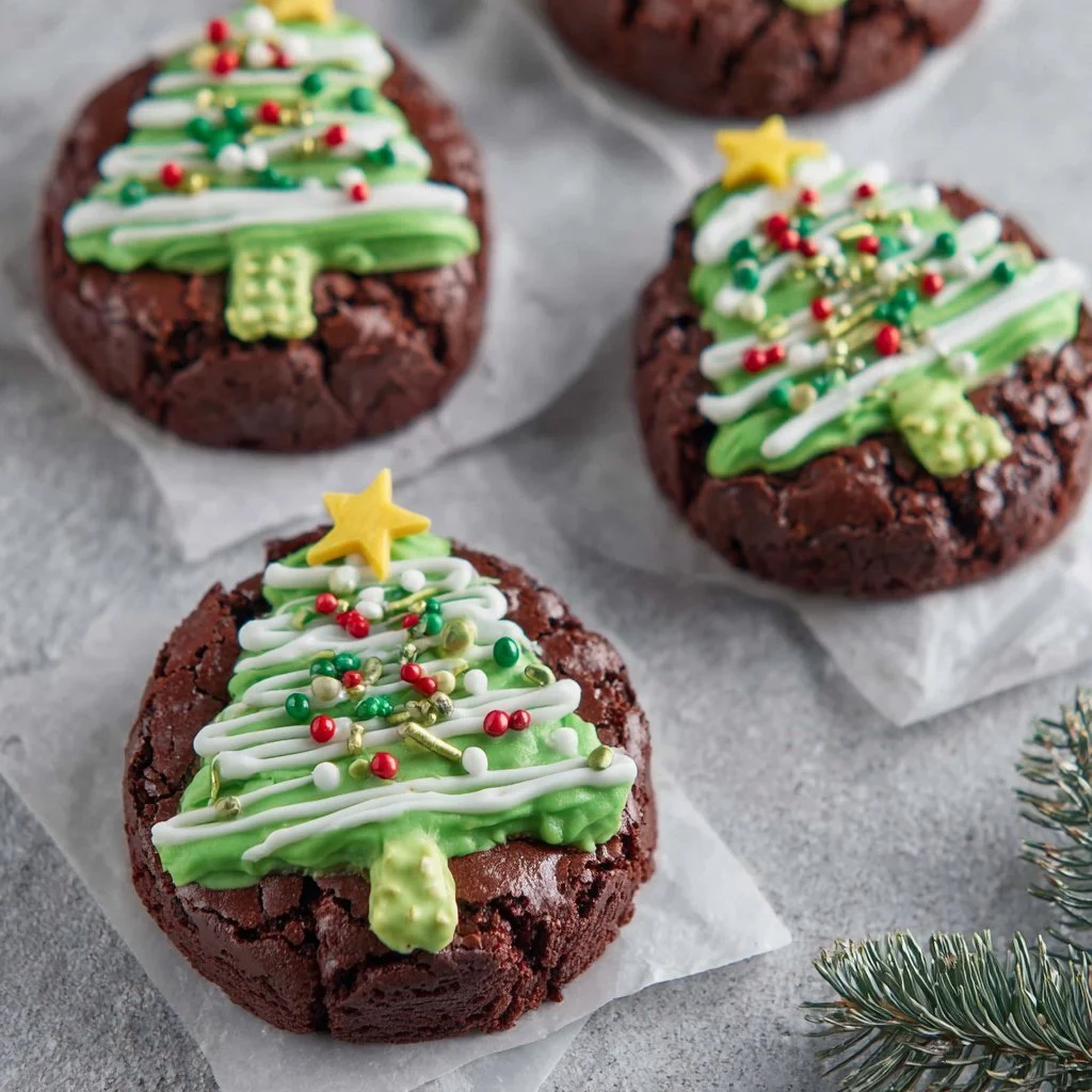 Festively decorated Christmas Tree Brownies displayed on a holiday table.