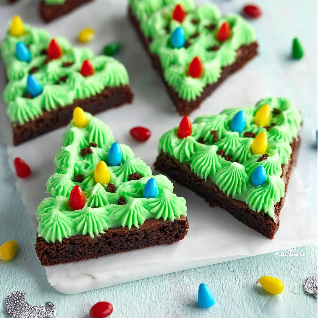 Festively decorated Christmas Tree Brownies with colorful icing and sprinkles.