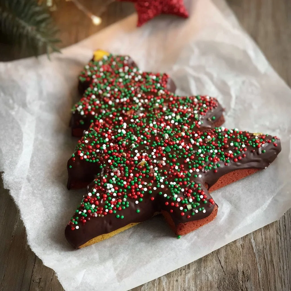 Colorful Christmas Tree Rainbow Cookie Cake decorated with icing and sprinkles