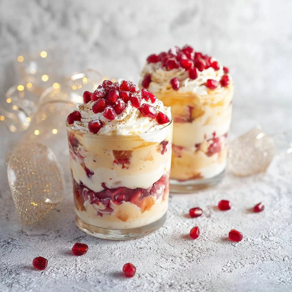 Christmas Trifle dessert with colorful layers of sponge cake and cream