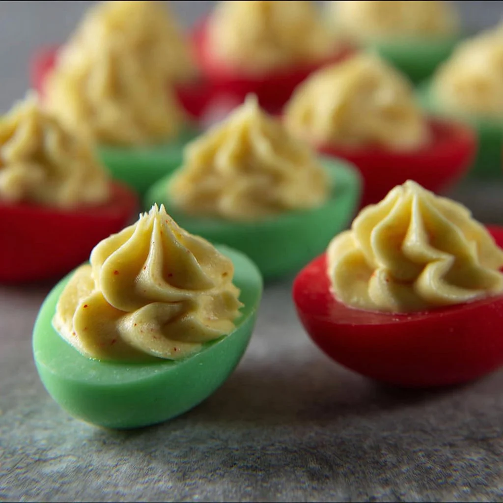 Classic devilled eggs with a holiday twist on a festive platter