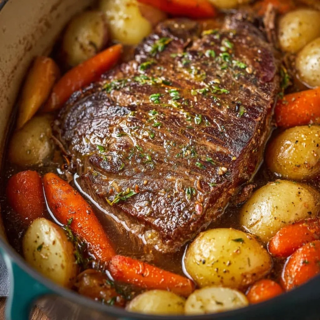 A deliciously cooked classic pot roast with vegetables and herbs
