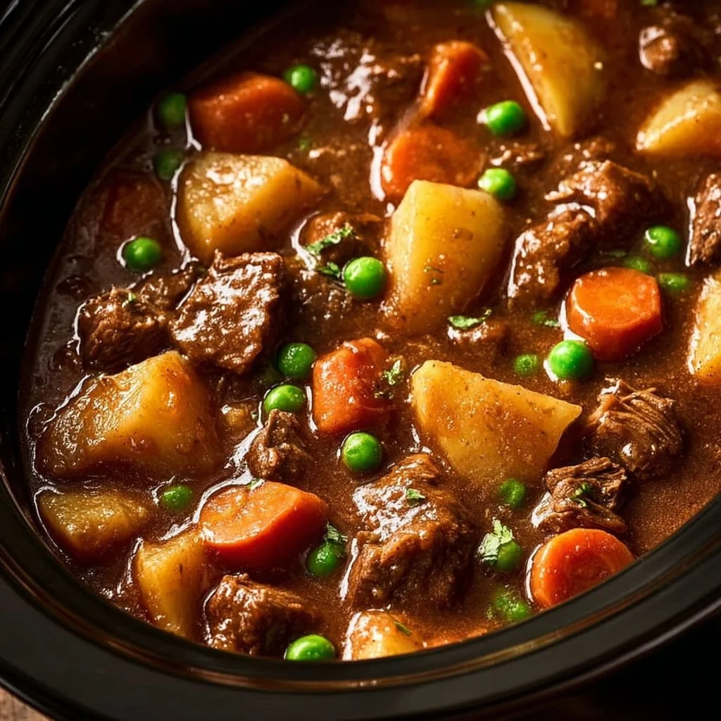 Delicious serving of comforting crockpot beef stew with vegetables