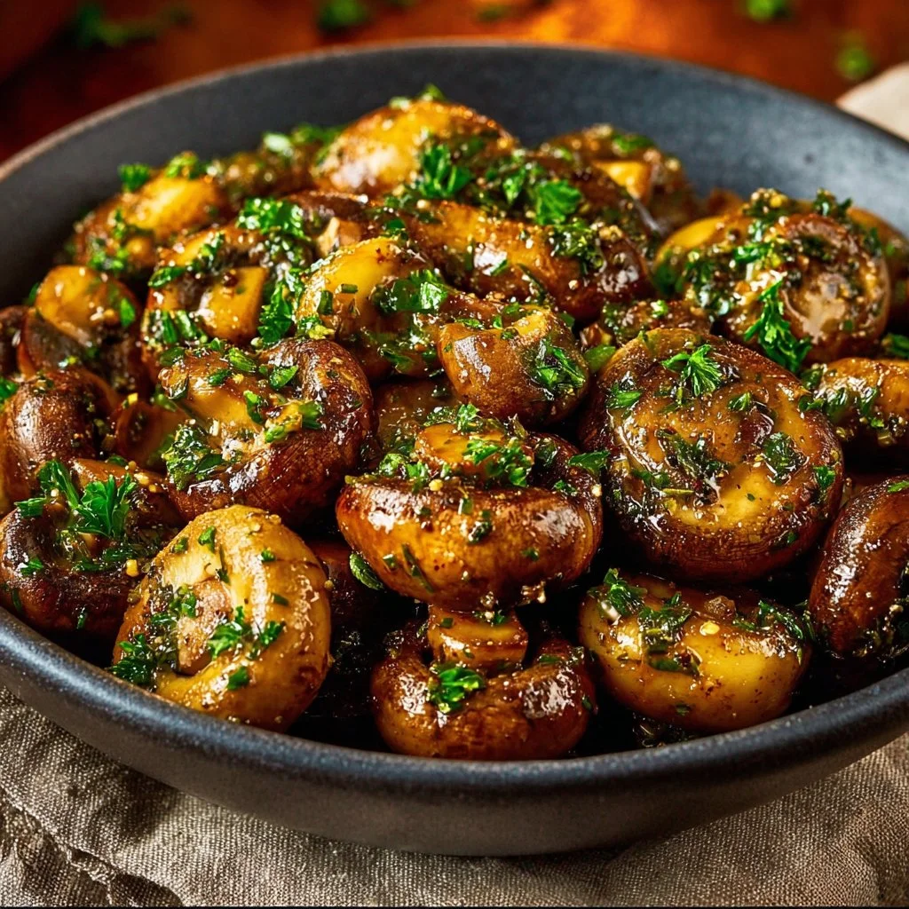 Fresh Cowboy Mushrooms on a wooden cutting board with herbs and spices.