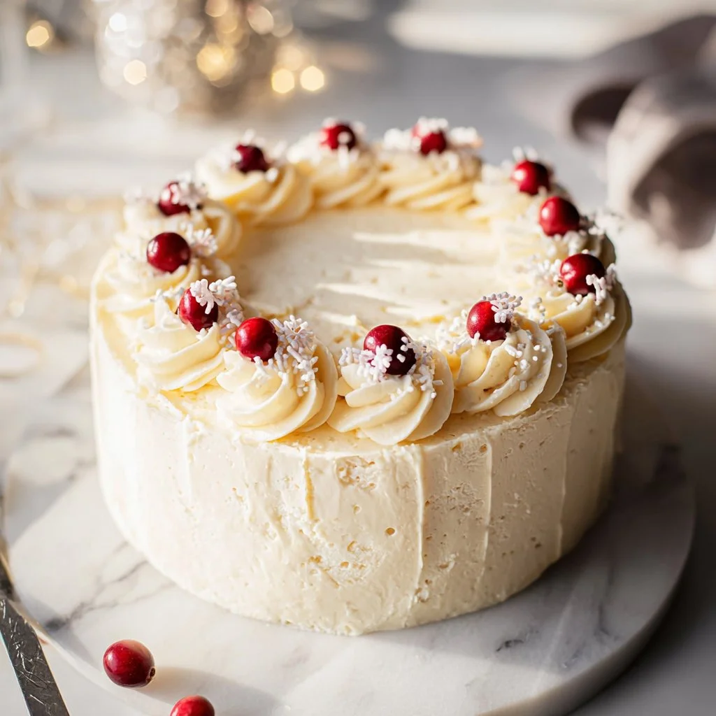 Cranberry Christmas Cake with Orange Cream Cheese Frosting served on a festive plate