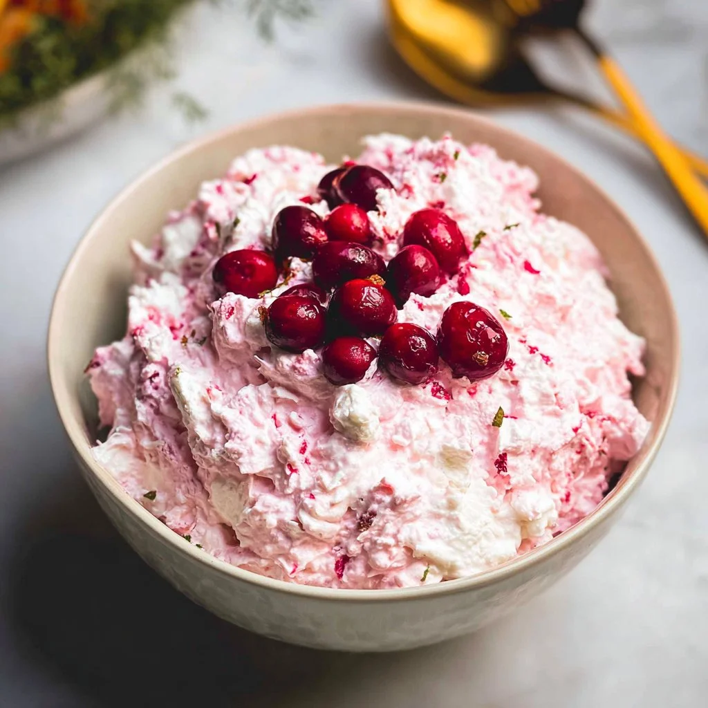 Cranberry Fluff Salad topped with whipped cream and fresh cranberries