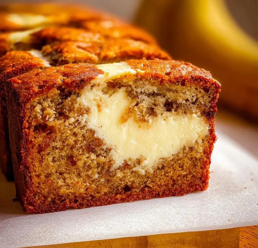 Delicious cream cheese banana bread topped with walnuts