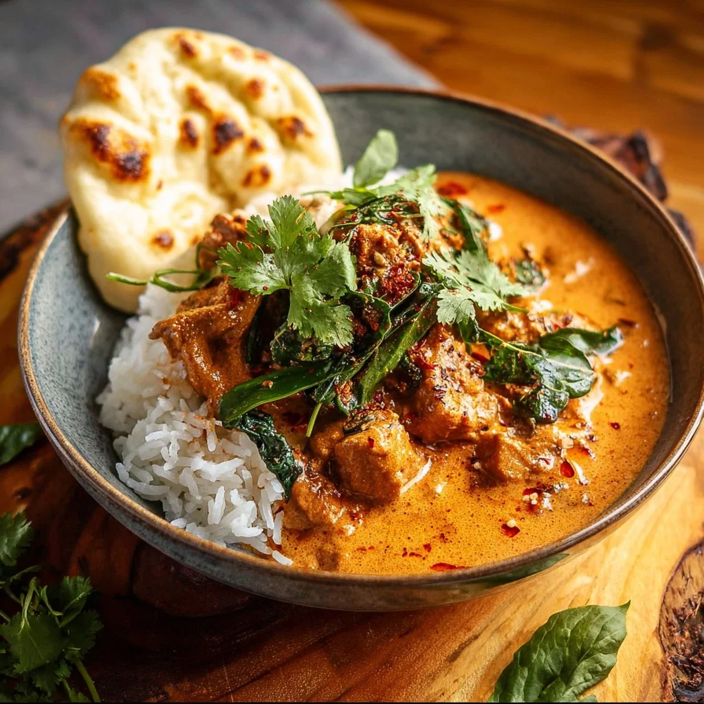 Creamy butternut squash butter chicken served in a bowl with fresh herbs.