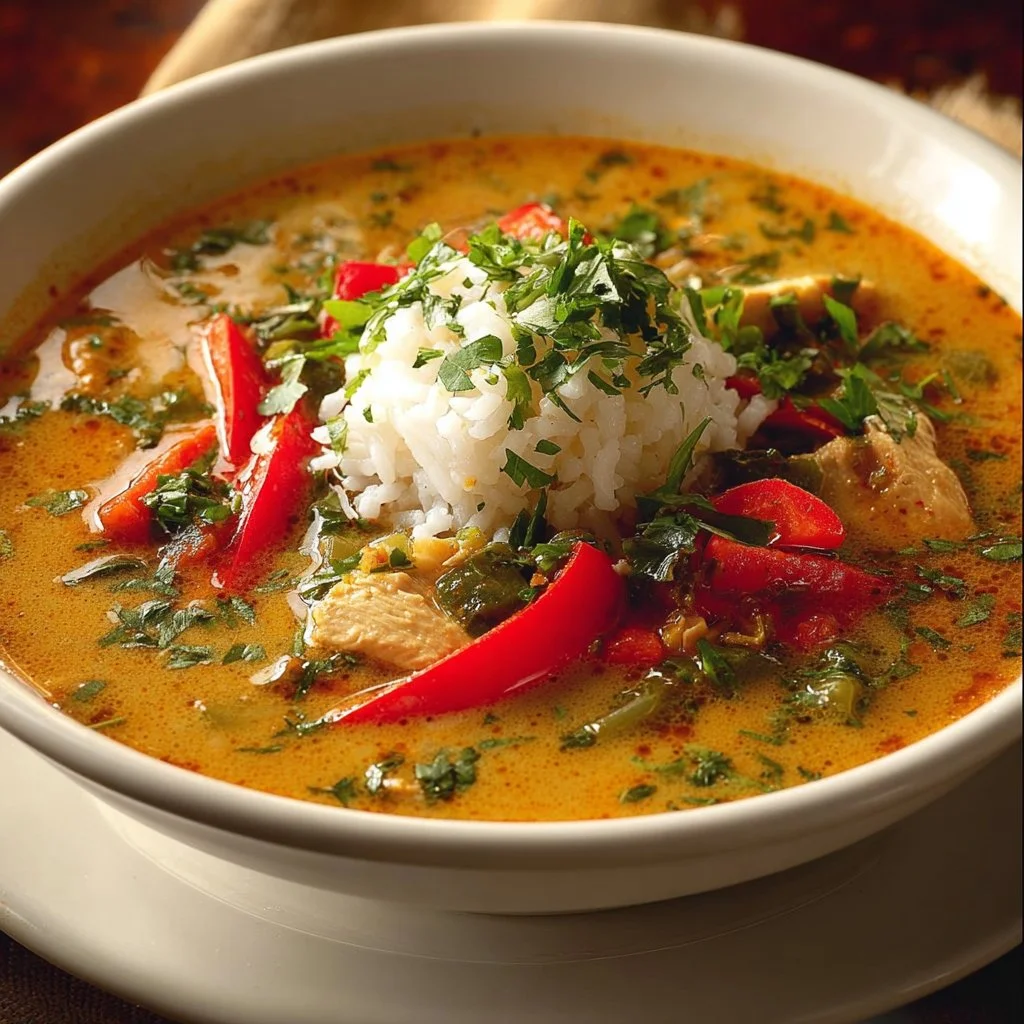 Creamy Cajun Chicken Soup in a bowl garnished with fresh herbs