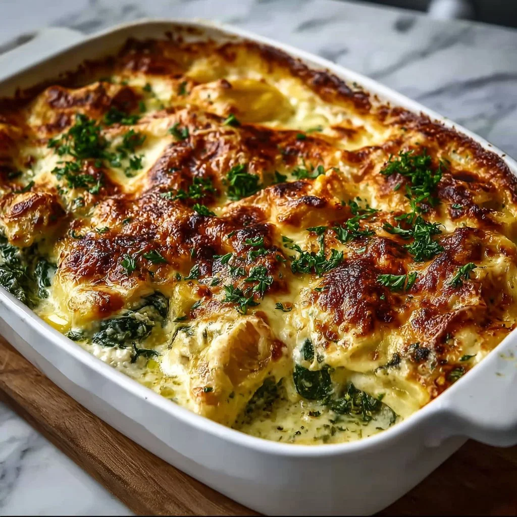 Creamy chicken and spinach casserole baked to perfection in a dish.