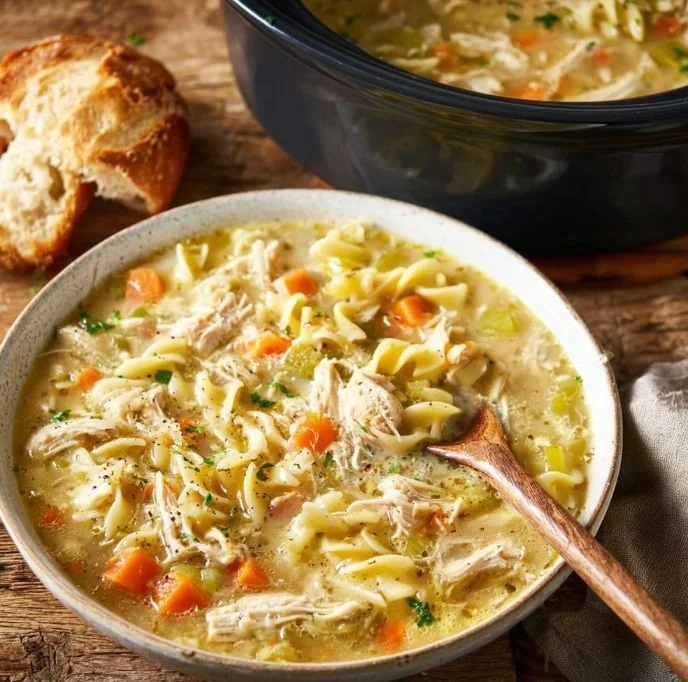 Bowl of creamy chicken noodle soup with vegetables and herbs.