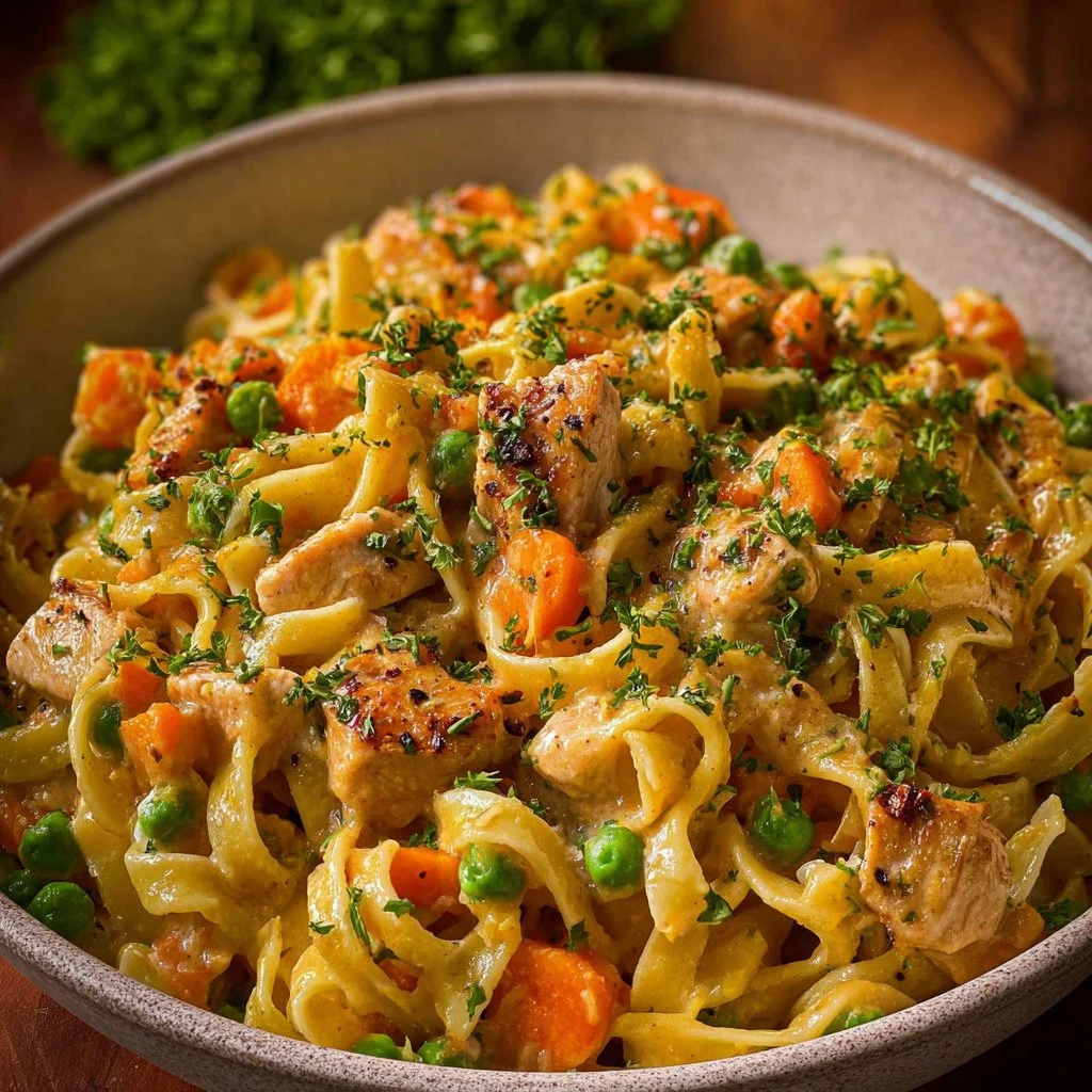Creamy chicken pot pie pasta served in a bowl with fresh herbs
