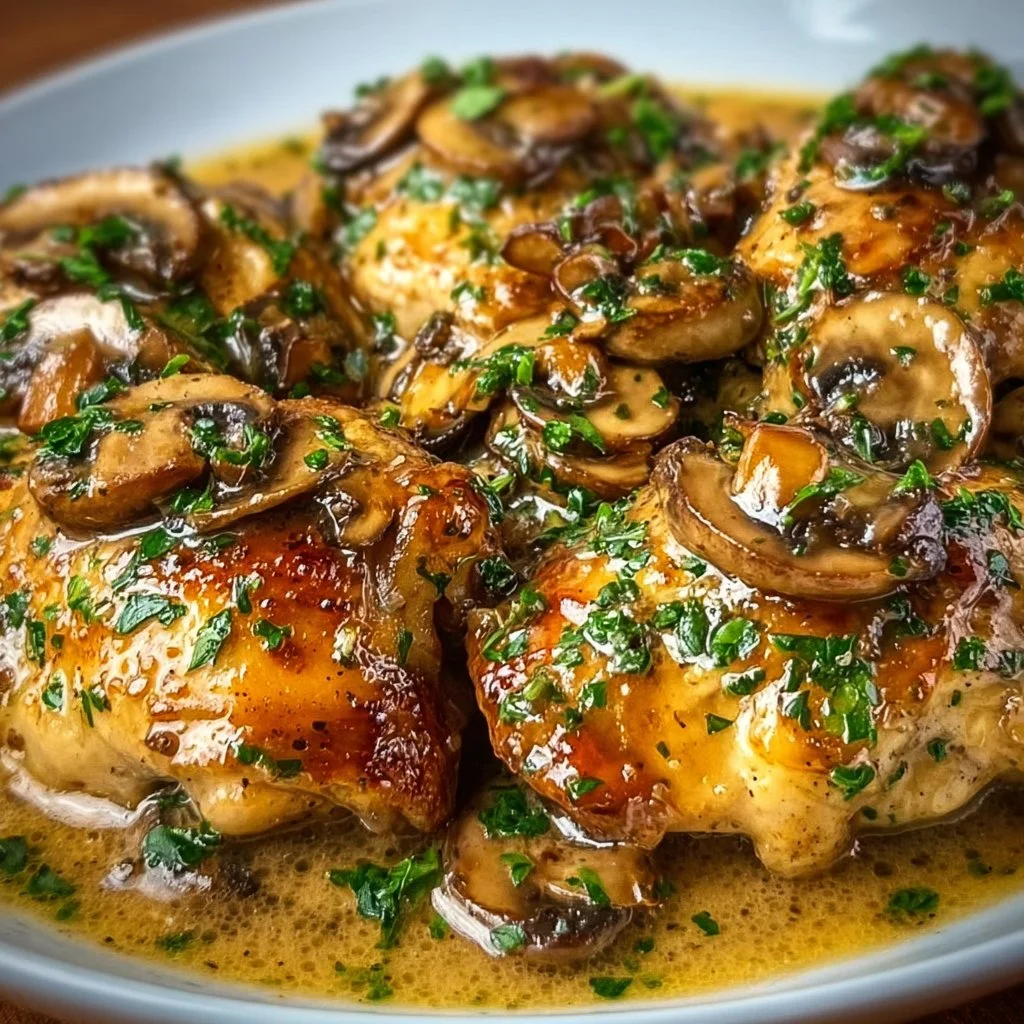 Creamy garlic mushroom chicken thighs served on a plate