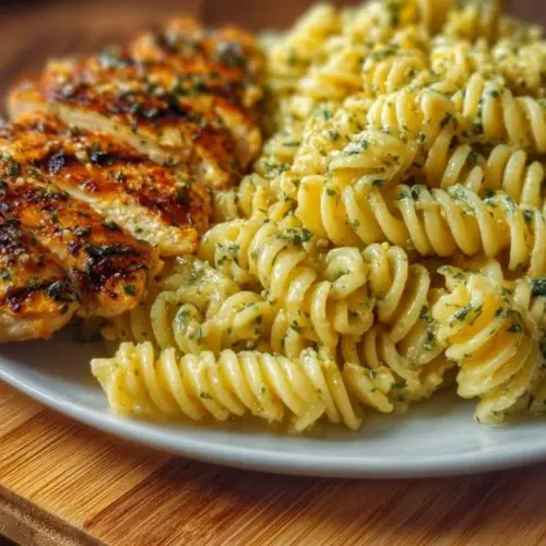 Creamy Garlic Parmesan Chicken Pasta in a bowl, garnished with herbs.