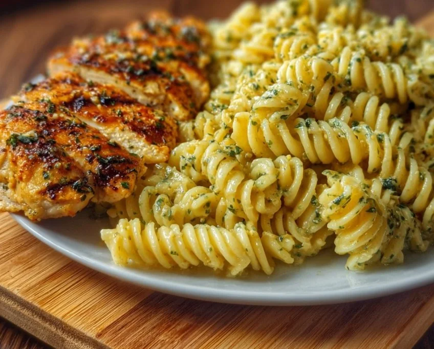 Creamy Garlic Parmesan Chicken Pasta in a bowl, garnished with herbs.