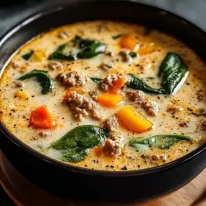 Creamy bowl of Italian ground chicken soup garnished with herbs