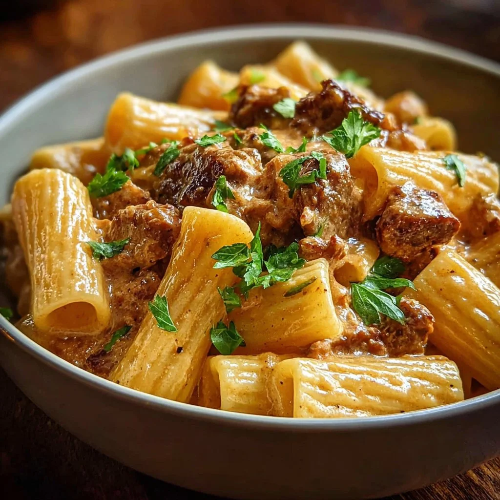 Creamy Parmesan beef served with rigatoni pasta in a bowl