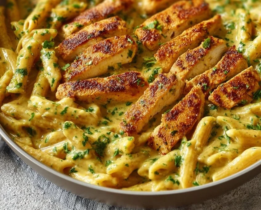 Creamy pesto sauce pasta with fresh herbs and cheese