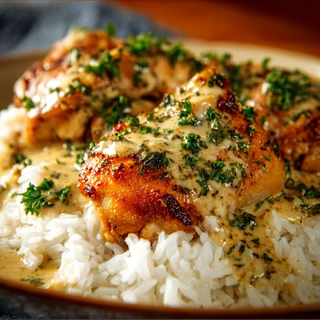 Delicious creamy smothered chicken served with rice in a white bowl