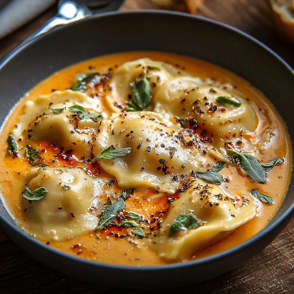 Creamy Tuscan Ravioli Soup garnished with herbs in a bowl