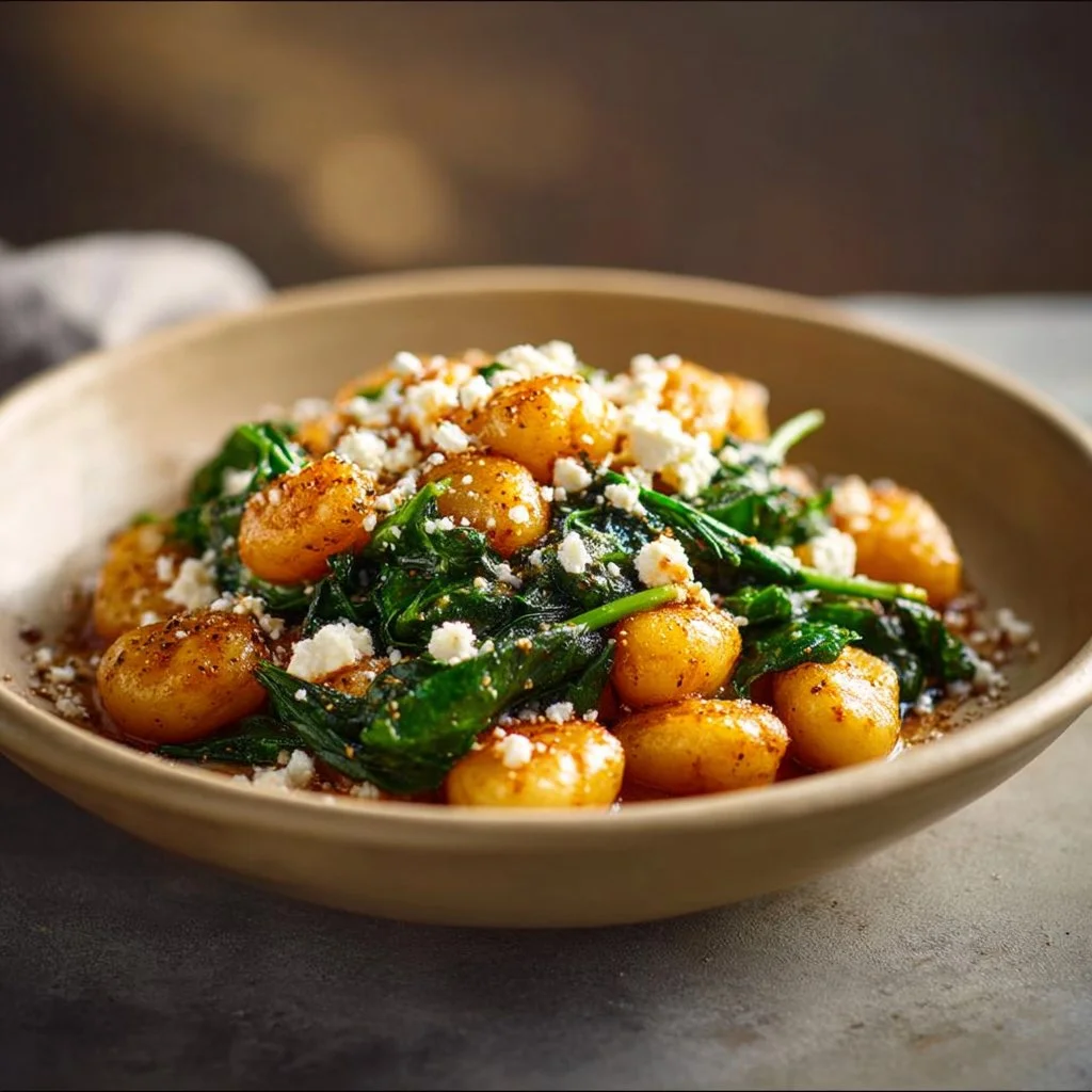 Crispy gnocchi topped with spinach and feta cheese in a bowl.