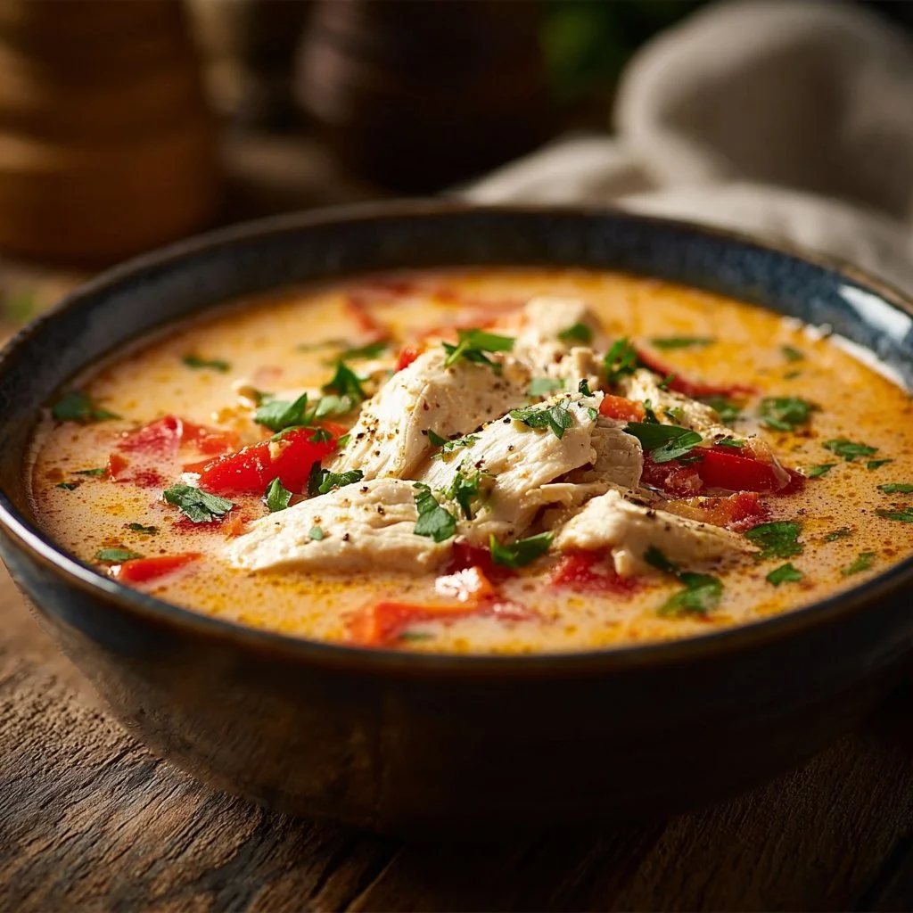 Bowl of Crock Pot Creamy Chicken Parmesan Soup garnished with parsley