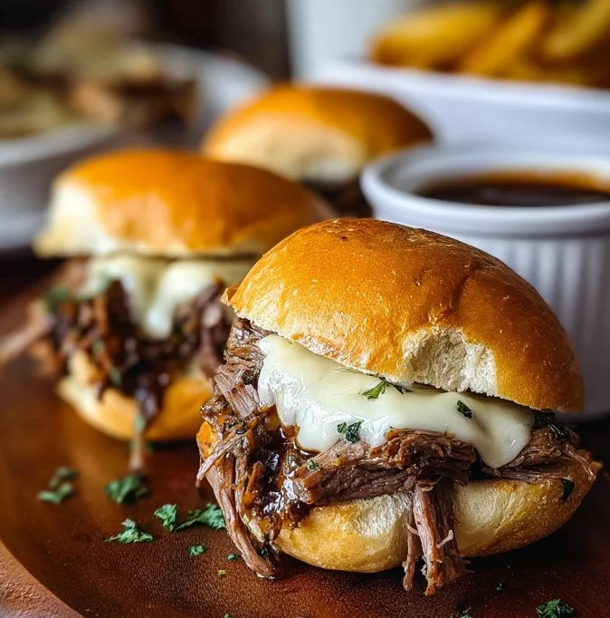 Crock Pot French dip sandwiches served with dipping sauce on a plate