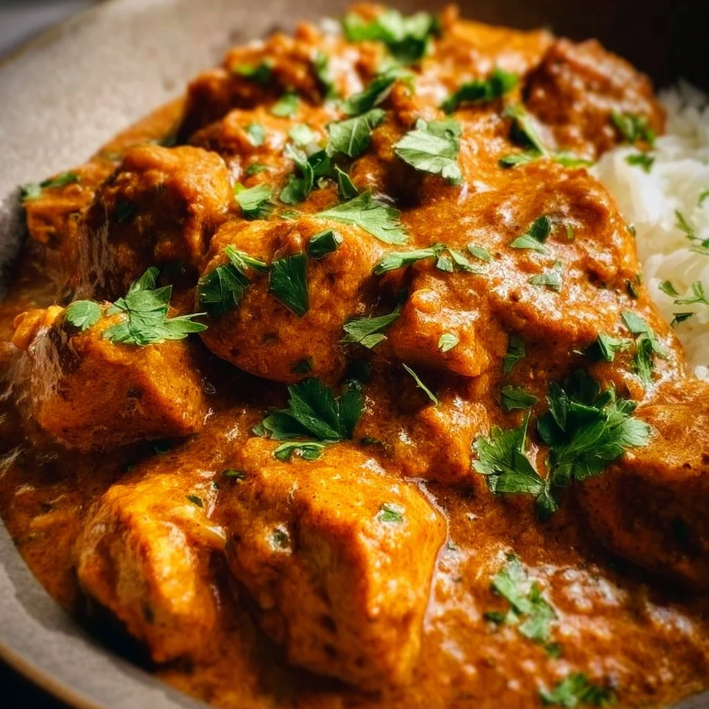 Delicious crockpot butter chicken simmering in a rich and creamy sauce.