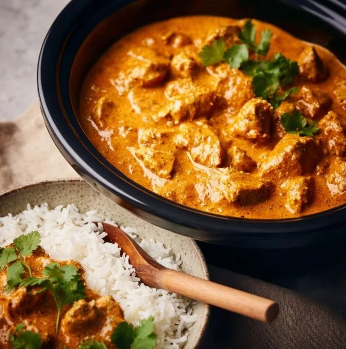 Delicious Crockpot Butter Chicken served with rice and garnished with cilantro