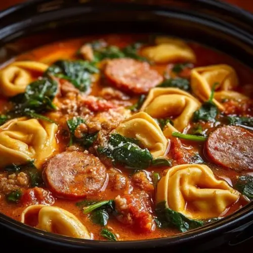 Crockpot Cheese Tortellini with Sausage dish served in a bowl
