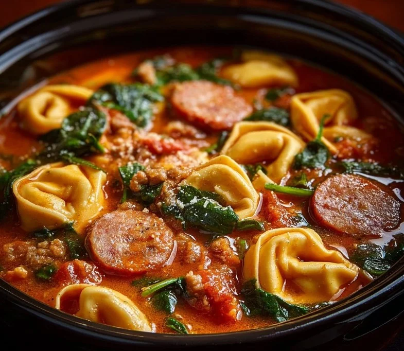 Crockpot Cheese Tortellini with Sausage dish served in a bowl