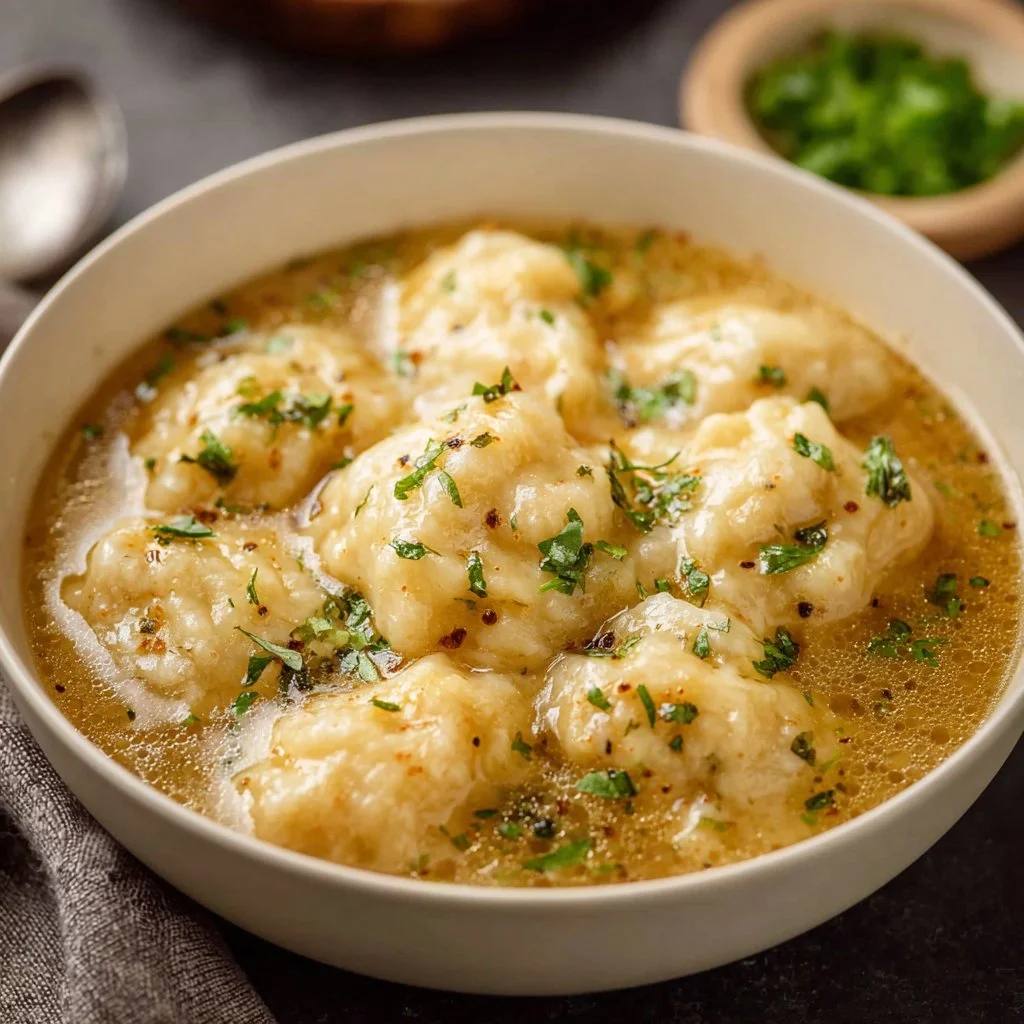 Crockpot Chicken and Dumplings served in a bowl with herbs on top