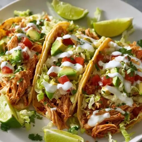 Crockpot chicken tacos garnished with toppings on a plate
