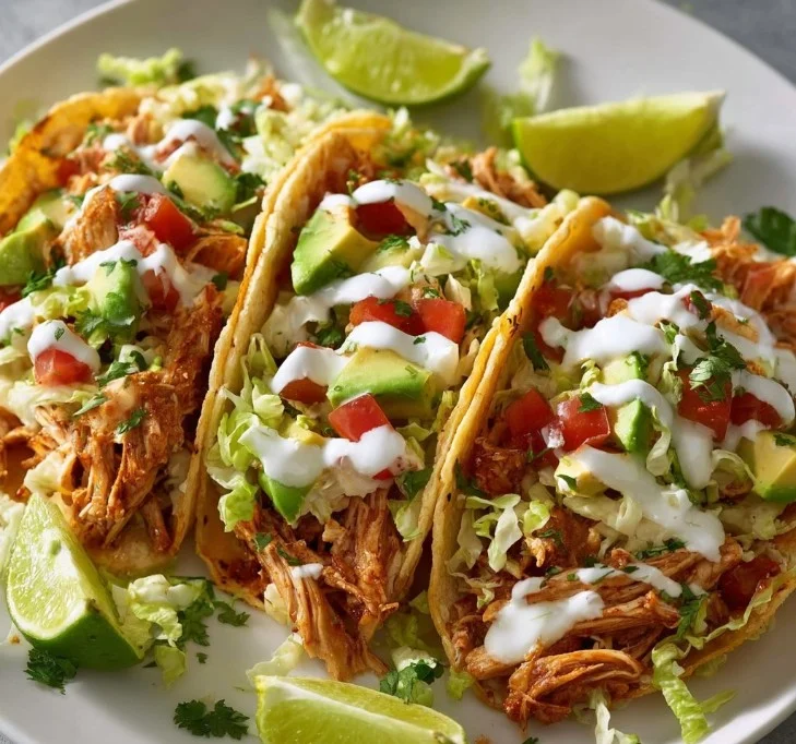 Crockpot chicken tacos garnished with toppings on a plate