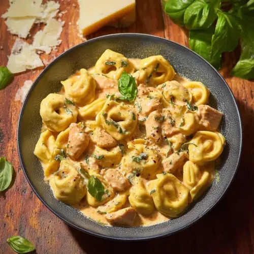CrockPot chicken tortellini dish served in a bowl with fresh herbs