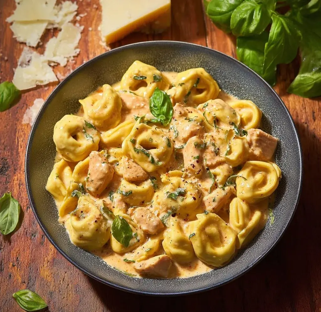 CrockPot chicken tortellini dish served in a bowl with fresh herbs