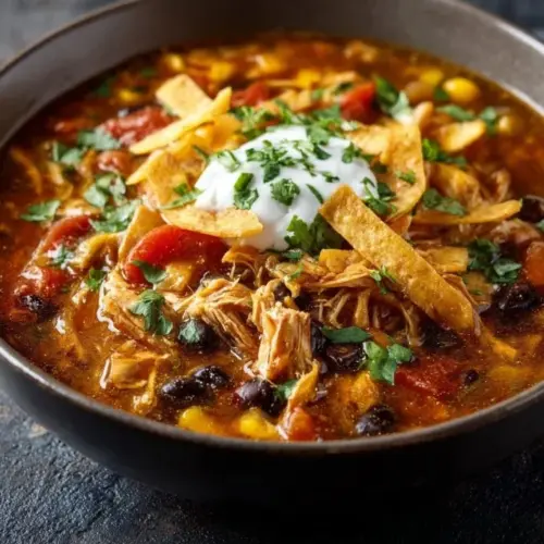 Delicious bowl of Crockpot Chicken Tortilla Soup garnished with tortilla strips and cilantro