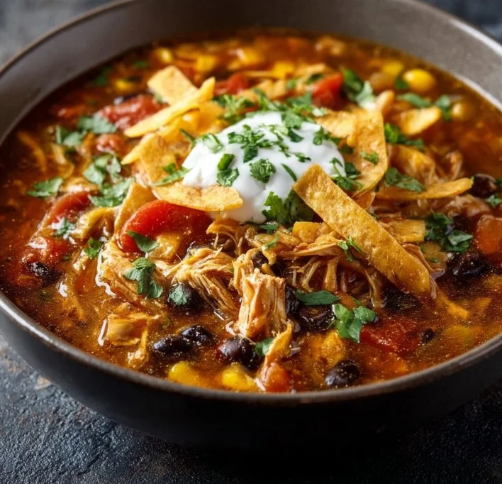 Delicious bowl of Crockpot Chicken Tortilla Soup garnished with tortilla strips and cilantro