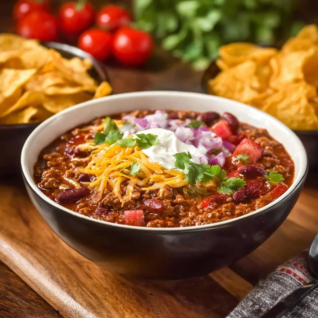 Bowl of delicious Crockpot Chili with beans, meat, and spices