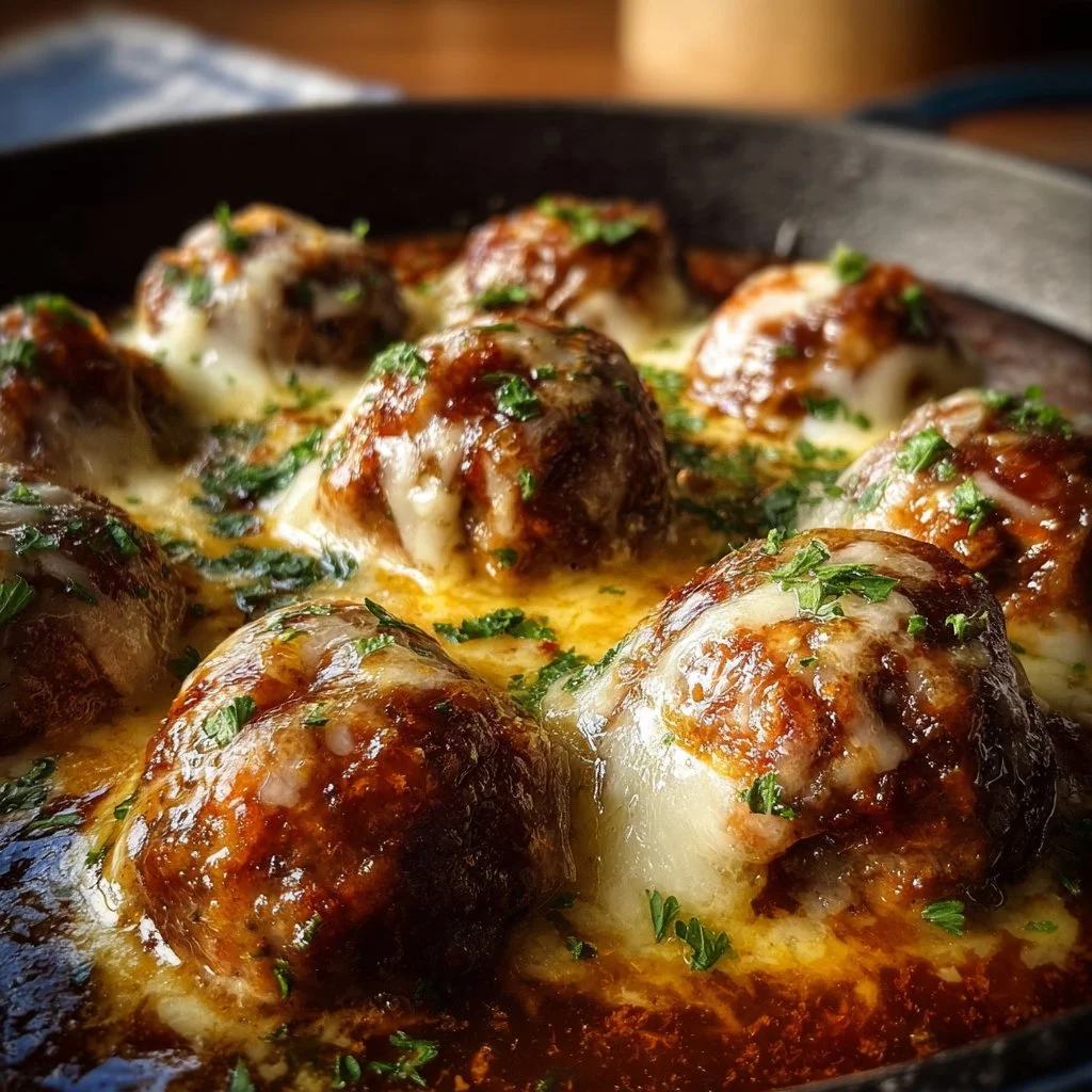 Savory Crockpot French Onion Meatballs served with cheese and herbs