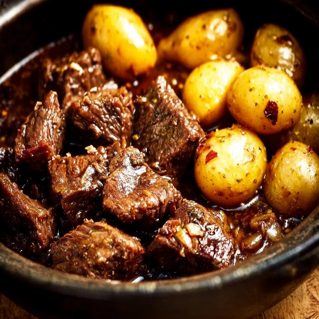 Crockpot Garlic Butter Beef Bites with Potatoes, a savory dish ready to enjoy.