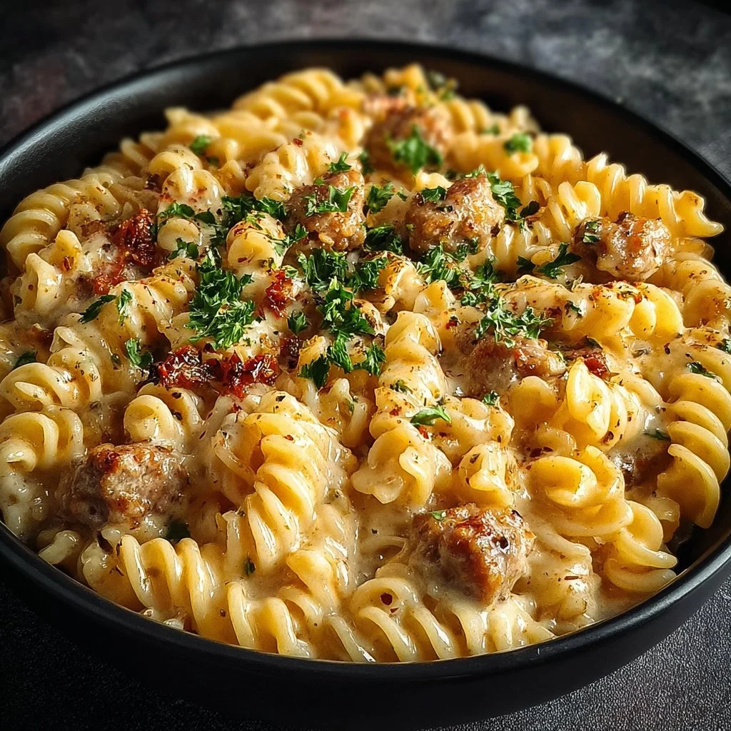 Crockpot Garlic Parmesan Chicken Pasta served on a plate with herbs garnish
