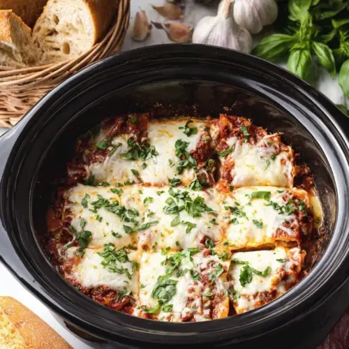 Delicious Crockpot Lasagna prepared in a slow cooker with layers of pasta and sauce.