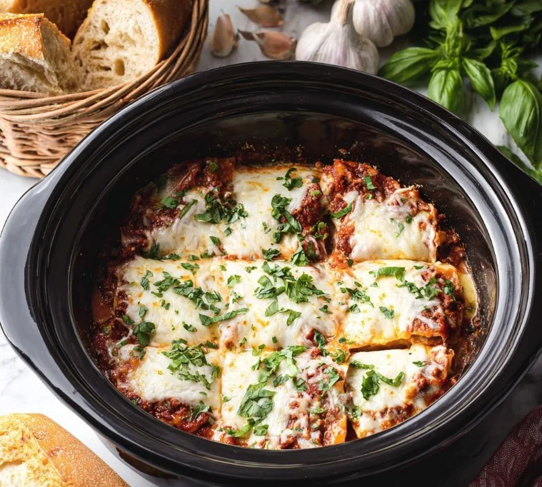 Delicious Crockpot Lasagna prepared in a slow cooker with layers of pasta and sauce.