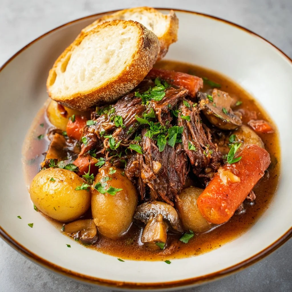 Delicious crockpot pot roast served with vegetables