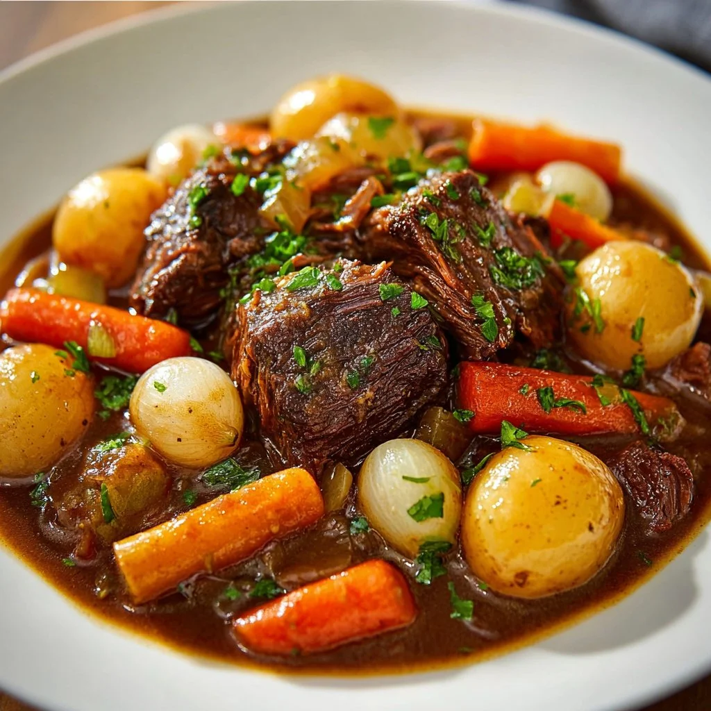 Slow-cooked Crockpot pot roast with vegetables and gravy