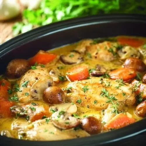 Crockpot Ranch Chicken dish in a bowl with herbs and spices