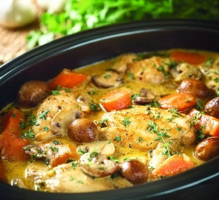 Crockpot Ranch Chicken dish in a bowl with herbs and spices
